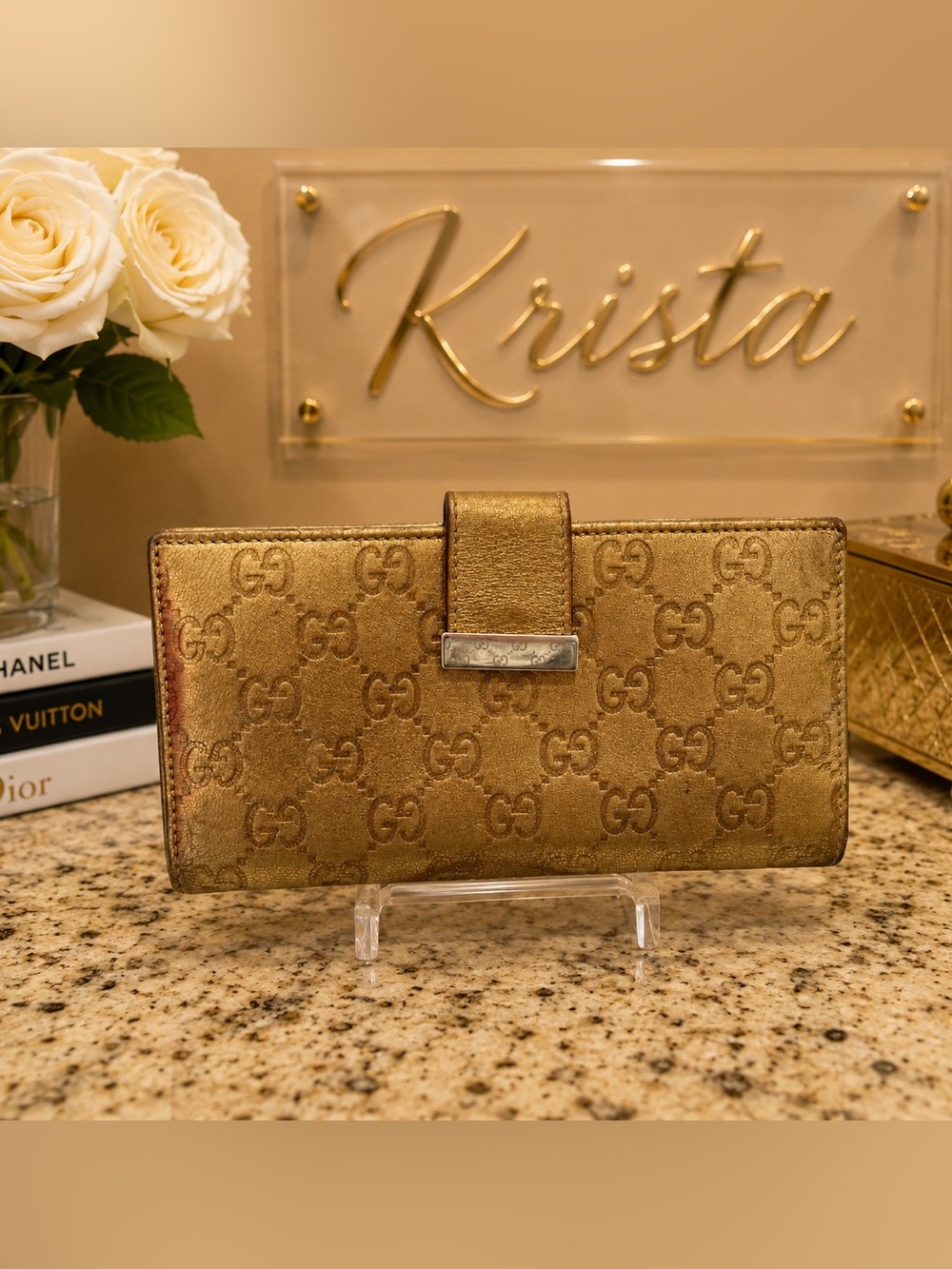 Gucci Metallic Gold Guccissima Leather Continental Wallet Authentic